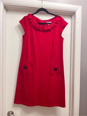 Red Ruffle Neck Shift Dress